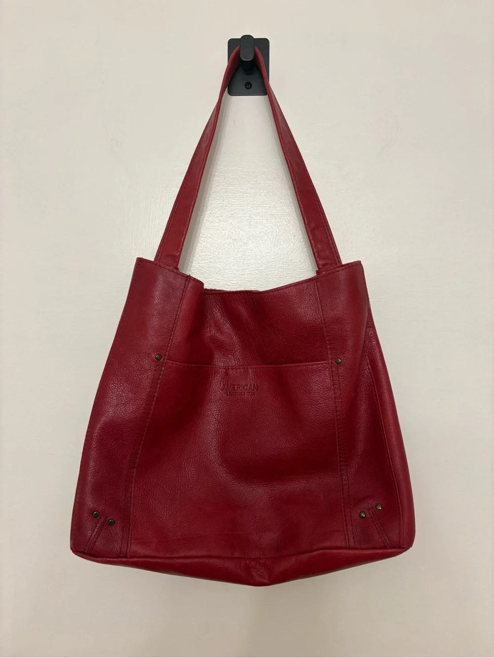 American Leather Co Red Pebble Leather Hobo Shopper Tote Bag Slouchy Studs